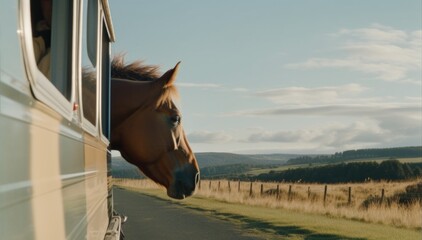 Wall Mural - A horse sticking its head out the window of a bus. AI generative image. Generative AI