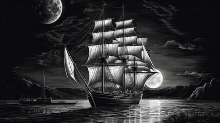 Wall Mural - Sailing ship with full moon in the background.generative ai