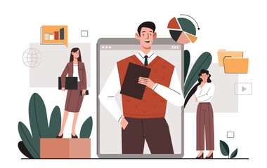 Poster - Online business consulting concept. Man with tablet on smartphone screen communicates with girls. Analyst showing charts to entrepreneurs, doing marketing research. Cartoon flat vector illusstration
