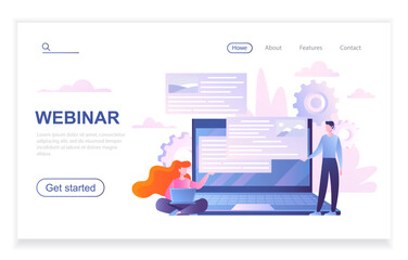 Poster - Webinar landing page. Man standing near laptop with gears. Online courses and training, education and selfdevelopment. Social media and digital marketing concept. Cartoon flat vector illusstration