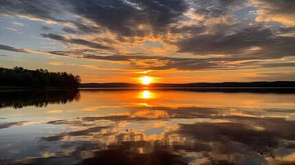 Wall Mural - Sunrise over a body of water and reflections of the clouds and sun on the water. Generative AI 