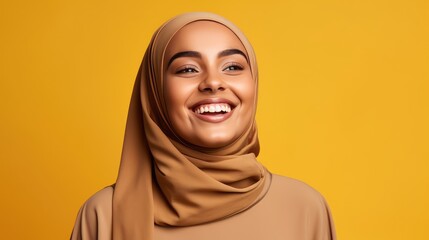 Poster - Young middle eastern woman laughing looking at the camera studio shot. Generative AI	