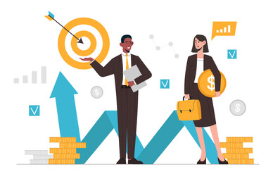Poster - Stock market analysis. Man and woman with gold coin on background of graphs, charts and diagrams. Investors and trading. Consultants give financial advice. Cartoon flat vector illustration