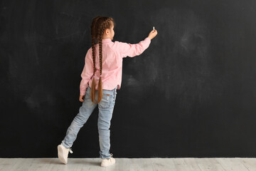 Poster - Little girl drawing with chalk piece on blackboard, back view. Children's Day celebration