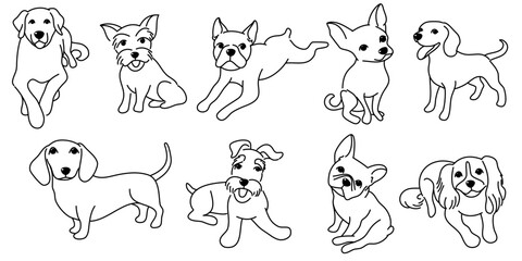  Cute dogs doodles.Hand drawn vector illustration on white back ground.
