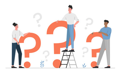 Wall Mural - People question marks. Men and women with questions. Feedback and FAQ. Characters looking for solution to business problem, brainstorming and searching for idea. Cartoon flat vector illustration