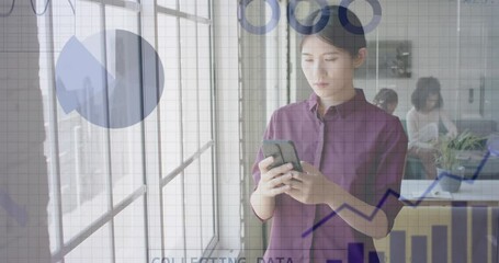 Canvas Print - Animation of financial data processing over asian businesswoman using smartphone at office