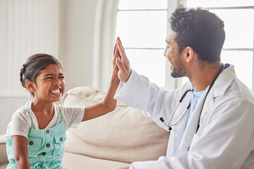 Poster - Young doctor celebrating good news with his patient. Smiling girl high fives her doctor after learning of positive test results