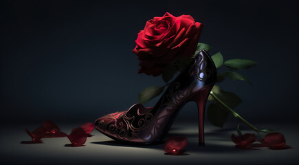 Canvas Print - Black tango shoes, high heel stilettos on a black background decorated with rose flowers. AI generative.