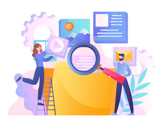 Poster - People with file. Woman and man with magnifying glass analyze contents of folder and evaluate electronic storage. Documentation and pictures, audio and video. Cartoon flat vector illustration