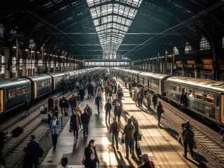 A bustling train station capturing the energy of daily commuters shot with a 2470mm zoom lens no tex