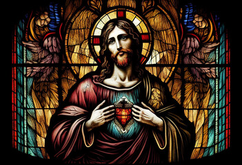 Merciful Jesus with a heart in the style of a church stained glass window, generative AI