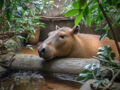 A capybara lounging serenely in a natural hot spring with lush greenery around no text photografic r
