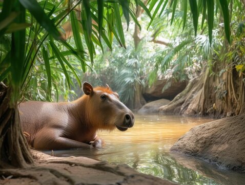 A capybara lounging serenely in a natural hot spring with lush greenery around no text photografic r