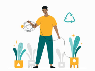 Wall Mural - Ecological clean resource. Man arranges plants in pots. Alternative energy sources and sustainable lifestyle. Caring for nature and environment, zero waste