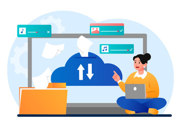 Poster - concept of downloads. young girl sits with laptop in lotus position and downloads files from cloud s