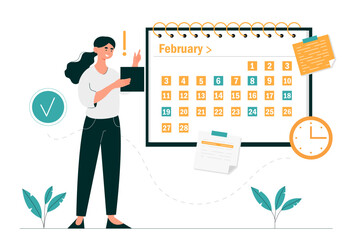 Poster - Woman planning appointment. Young girl stands near calendar, notes date. Time management and organization of efficient workflow. Employee or entrepreneur planning. Cartoon flat vector illustration