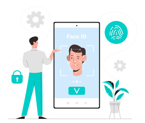 Poster - face id concept. man logs in to smartphone, access to phone. biometric scanner, verification and aut