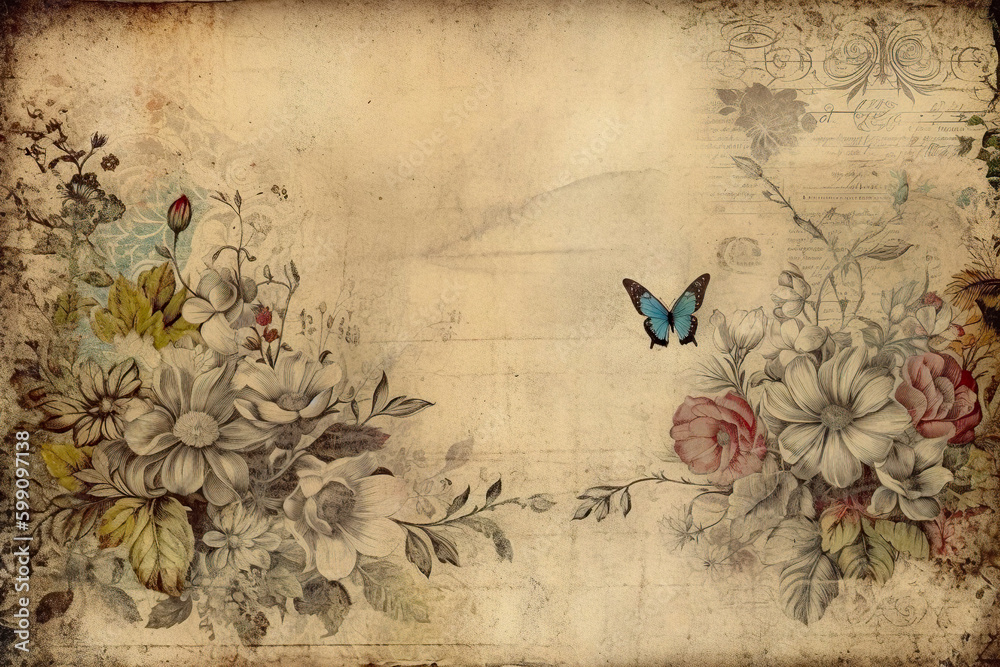 Junk Journal Paper Background: Retro-Styled, Aged Floral Design 