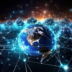 Wall Mural - Global world telecommunication network connected around planet Earth for internet and worldwide communication technology fabout finance with blockchain. generative AI