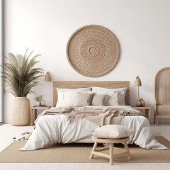 Canvas Print - Home mockup, bedroom interior background with rattan furniture and blank wall, Coastal style. generative AI