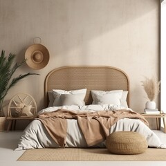 Wall Mural - Home mockup, bedroom interior background with rattan furniture and blank wall, Coastal style. generative AI