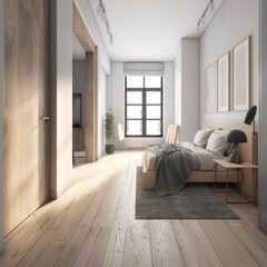 Poster - Interior design in the master room area in a vintage minimalist style. In an apartment with large windows, use wood material and light gray fabric on the parquet floor and sub frame wood pathways. gen