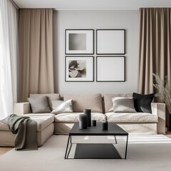 Poster - Mockup of the inside of a sleek and contemporary living room complete with a couch, coffee table, and empty frames. generative AI