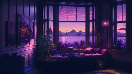 animated virtual backgrounds, stream overlay loop, cozy lo-fi living room at night, vtuber asset twi
