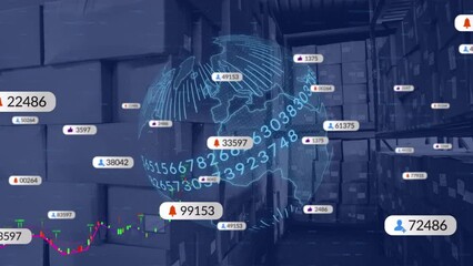 Poster - animation of media icons over globe and warehouse