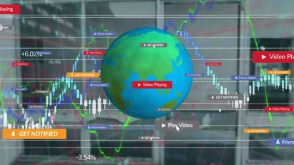 Poster - Animation of media icons and data processing over globe and office