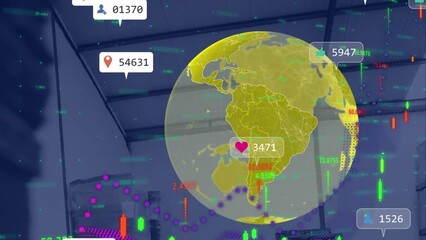 Poster - Animation of media icons and data processing over globe and office