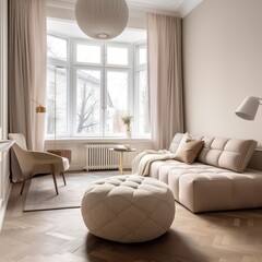 Canvas Print - Modern living room in a classic apartment with a large cream-toned window, parquet floor, and a nice sofa with a pillow. generative AI