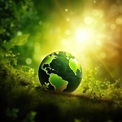 Poster - Save the green planet concept with green Earth globe, Earth Day. the environment. generative AI