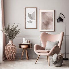 Wall Mural - Interior design of a stylish living room with an armchair, a modern commode, mock up frames, and imaginative home accessories. Template. Make a copy of the spot. generative AI