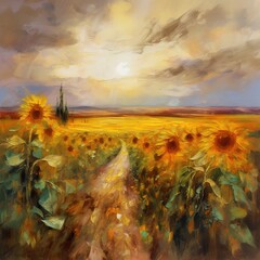 Wall Mural - sunflower fields, contemporary art, and lyrical scenery. generative AI