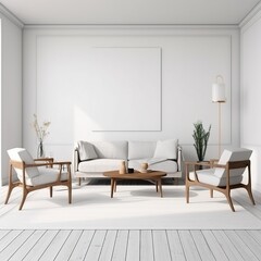 Poster - White living room interior with sofa, two armchairs, coffee table, hardwood floor, and carpet. White wall mockup with copy space. generative AI