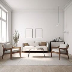 Wall Mural - Interior of white living room with sofa and two armchairs, coffee table with laptop on carpet and hardwood floor. Mockup white wall with copy space. generative AI