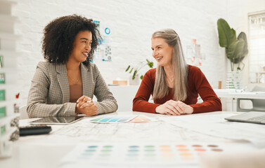 Poster - Team of designers working together. Happy colleagues collaborate in a meeting. Team of designers brainstorm on building blueprint. Smiling coworkers working together in an agency.
