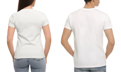 Wall Mural - people wearing casual t-shirts on white background, back view. mockup for design