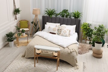 Canvas Print - Large comfortable bed, lamp and beautiful houseplants in bedroom. Interior design