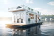A houseboat floating on top of a body of water. AI generative. Tiny house, houseboat.