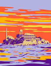 WPA Poster Art Of Alcatraz Island With A Lighthouse, Military Fortification And Federal Prison Located In San Francisco, California USA Done In Works Project Administration Or Art Deco Style.