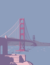 WPA Poster Art Of Golden Gate Bridge Connecting San Francisco Bay And The Pacific Ocean Linking San Francisco To Marin County, California USA Done In Works Project Administration Or Art Deco Style.