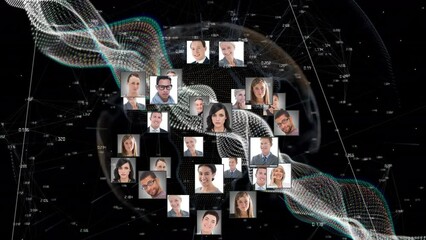 Poster - Animation of data processing over globe with connections and photos