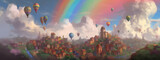Fototapeta Sport - city, sky, rainbow, landscape, night, skyline, light, rainbow, cityscape, cloud, urban, building, sunset, vector, sun, water, blue, nature, illustration, clouds, architecture, town, generative, ai