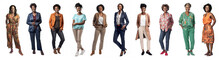 Group Of Full Body Black Women All With Different Ages, Sizes, Hairstyles, Clothing, Separately Isolated On A White Background. Illustration Created With Generative AI Technology.