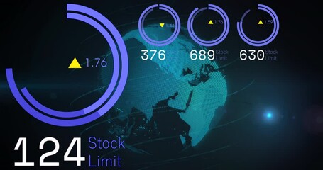 Canvas Print - Animation of stock market data processing over spinning globe and light spot on blue background