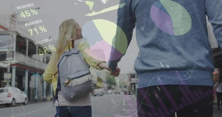 Poster - Animation of infographic interface over biracial couple walking holding hands