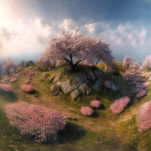 ピンク色の花が集まる丘　A Hill With Pink Flowers　|　Generative AI